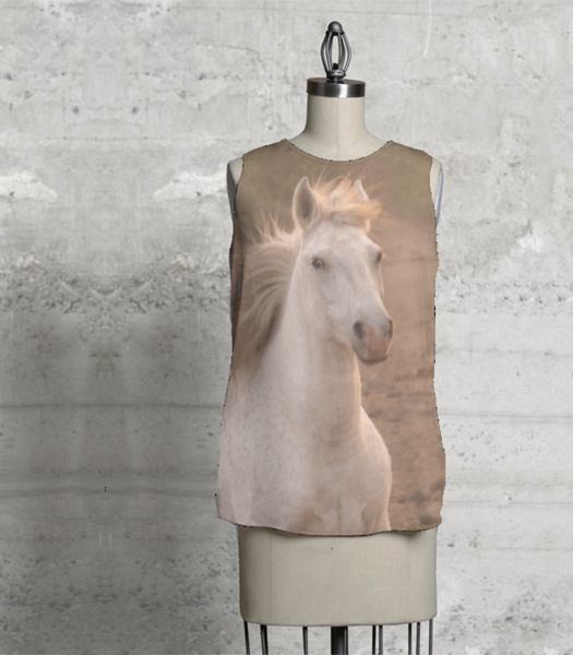 White Mare Approaches Sleeveless Blouse (Med) - Heather J Kirk VIDA Wearable Art